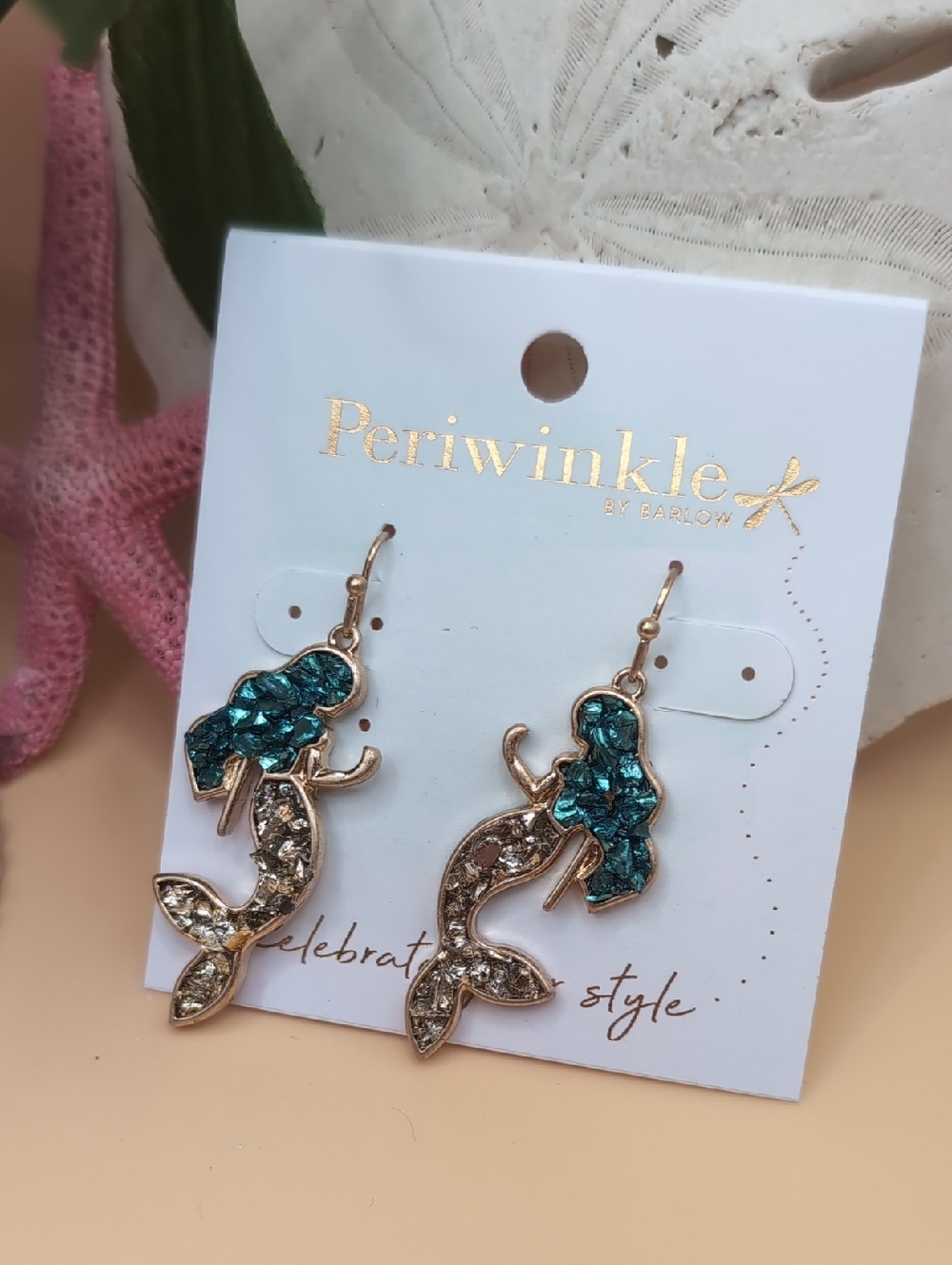 Periwinkle By Barlow Teal & Gold Sparkly Mermaid Drop Earrings NWT